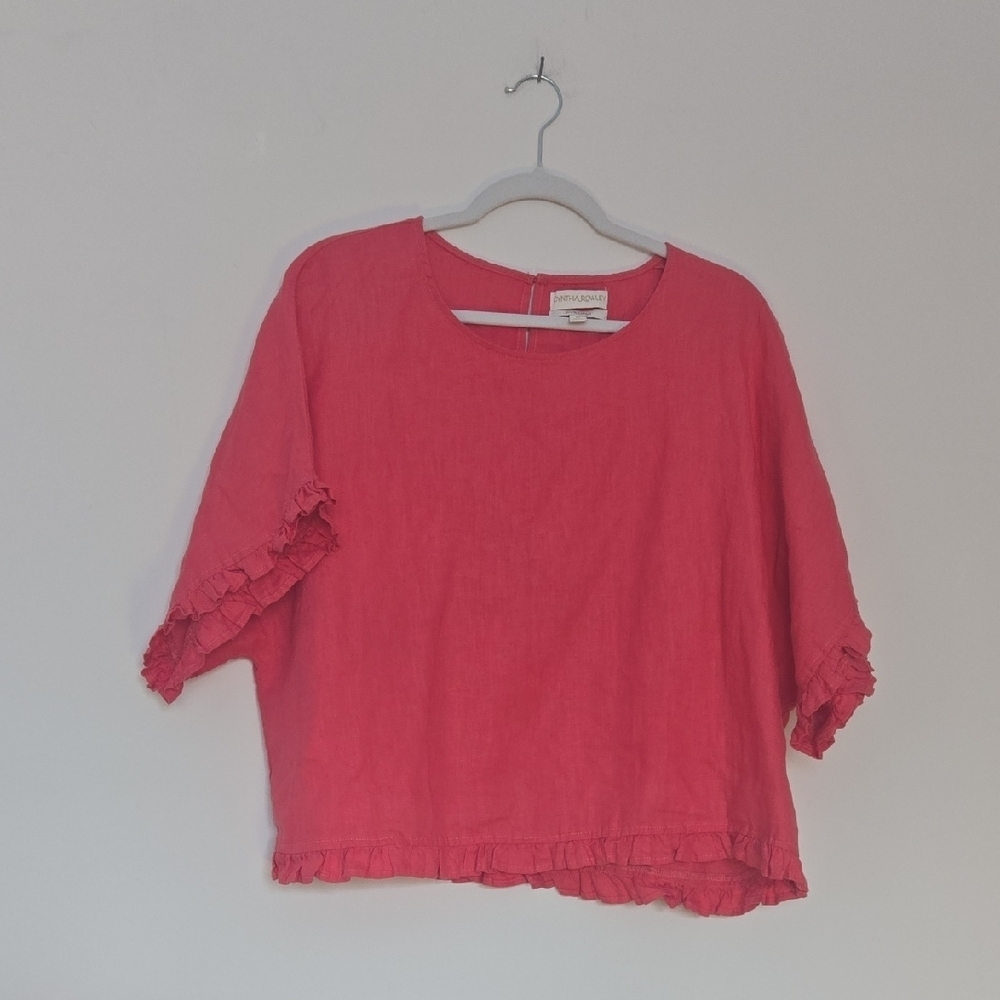 Cynthia Rowley 100% linen pink boxy ruffle sleeve shot sleeve blouse Spring XL